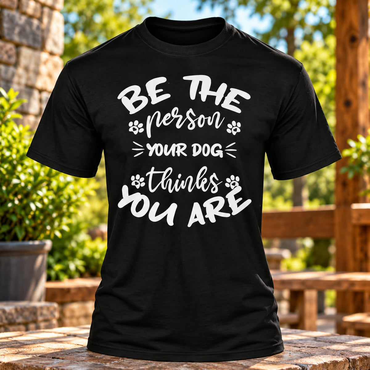 Be the Person Your Dog Thinks You Are Black T-shirt with themed background