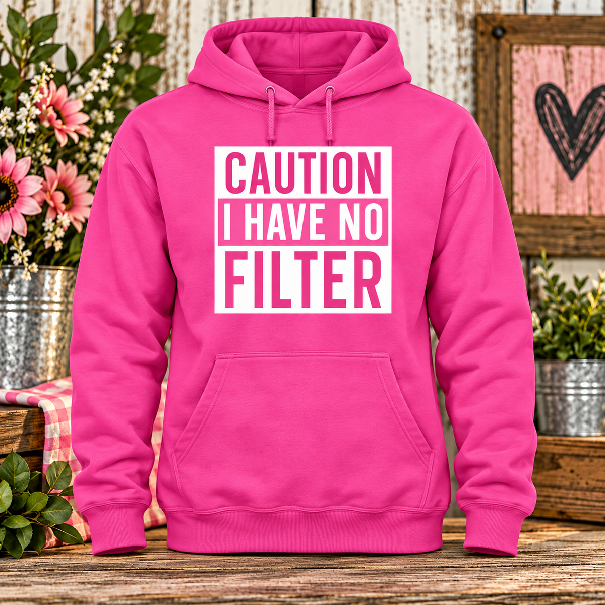 Caution  (Pink) Hot Pink Hoodie with themed background