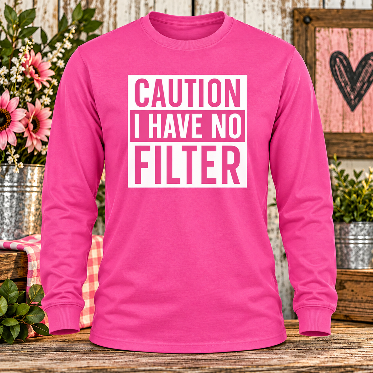 Caution  (Pink) Hot Pink Long Sleeve with themed background