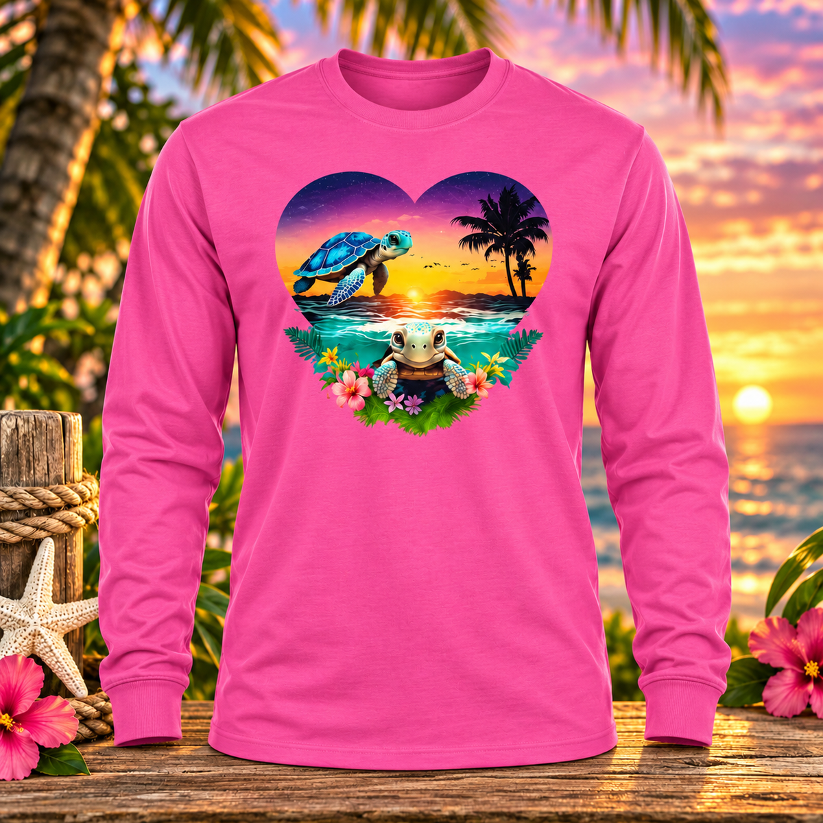 Sea Turtles Hot Pink Long Sleeve with themed background