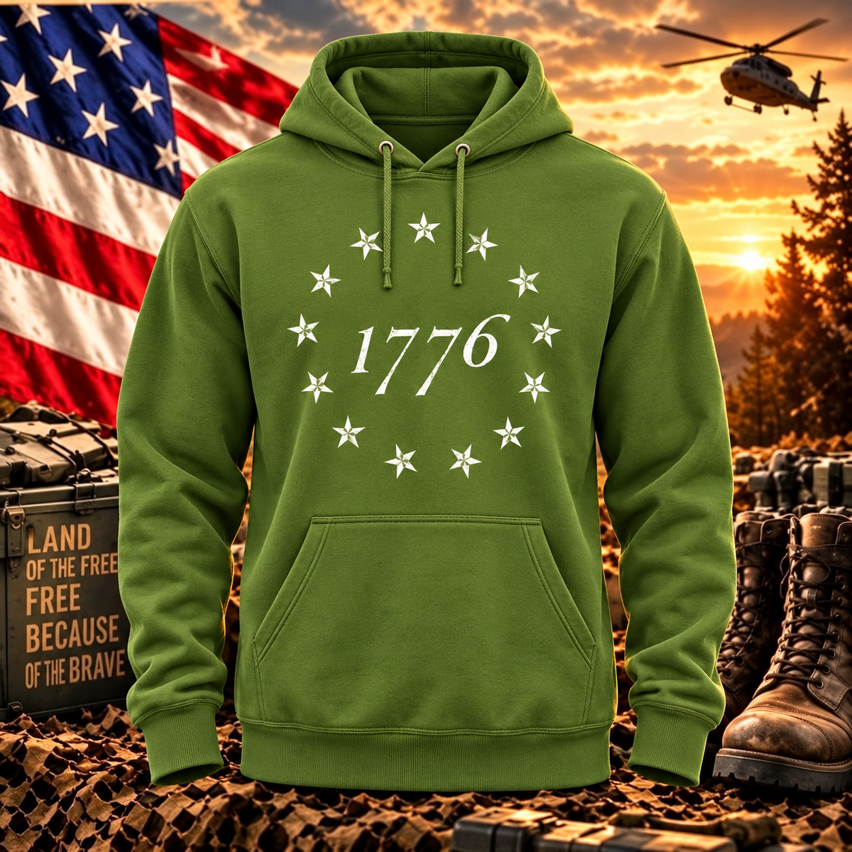 1776 Circle of Stars Military Green Hoodie with themed background