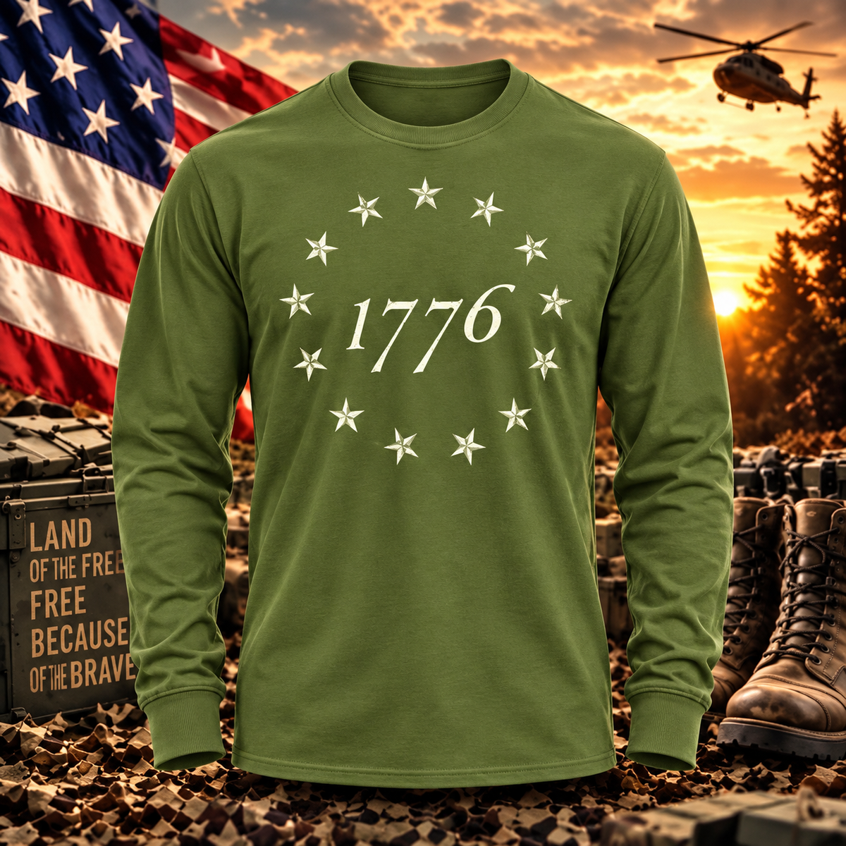 1776 Circle of Stars Military Green Long Sleeve with themed background