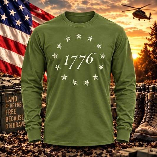 1776 Circle of Stars Military Green Long Sleeve with themed background
