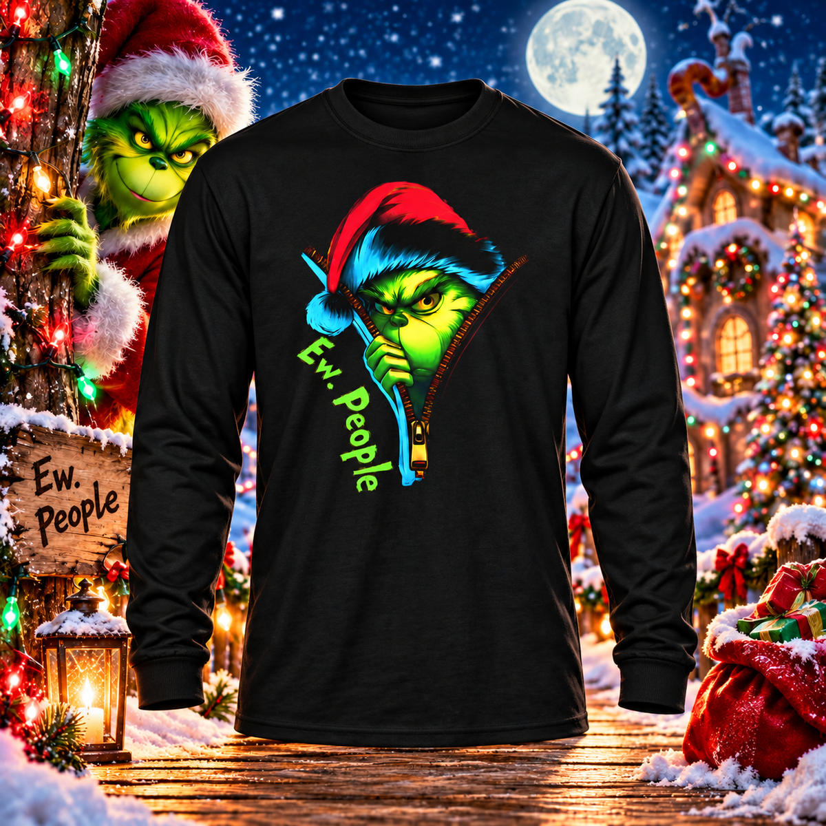 Ew, People — Christmas Black Long Sleeve with themed background