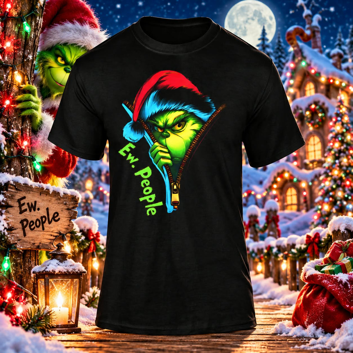 Ew, People — Christmas Black T-shirt with themed background