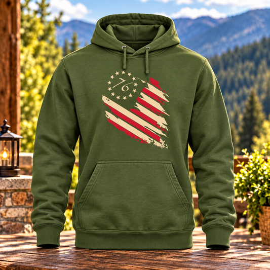 Distressed Patriotic Flag Military Green Hoodie with themed background