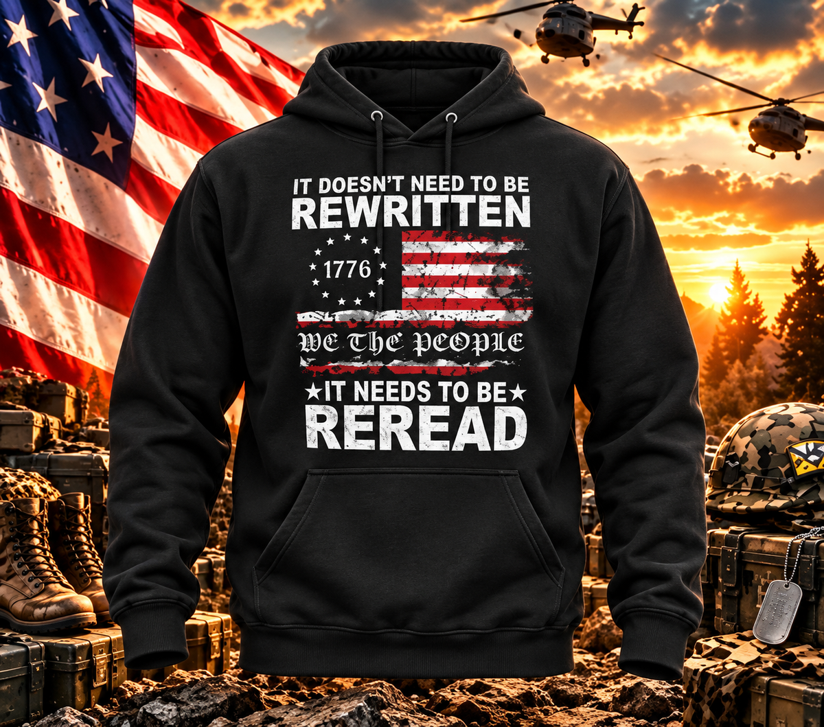 We the People — Reread Black Hoodie with themed background