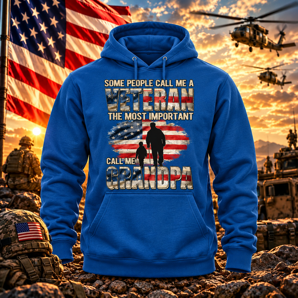 Grandpa Veteran Sapphire Blue Hoodie with themed background