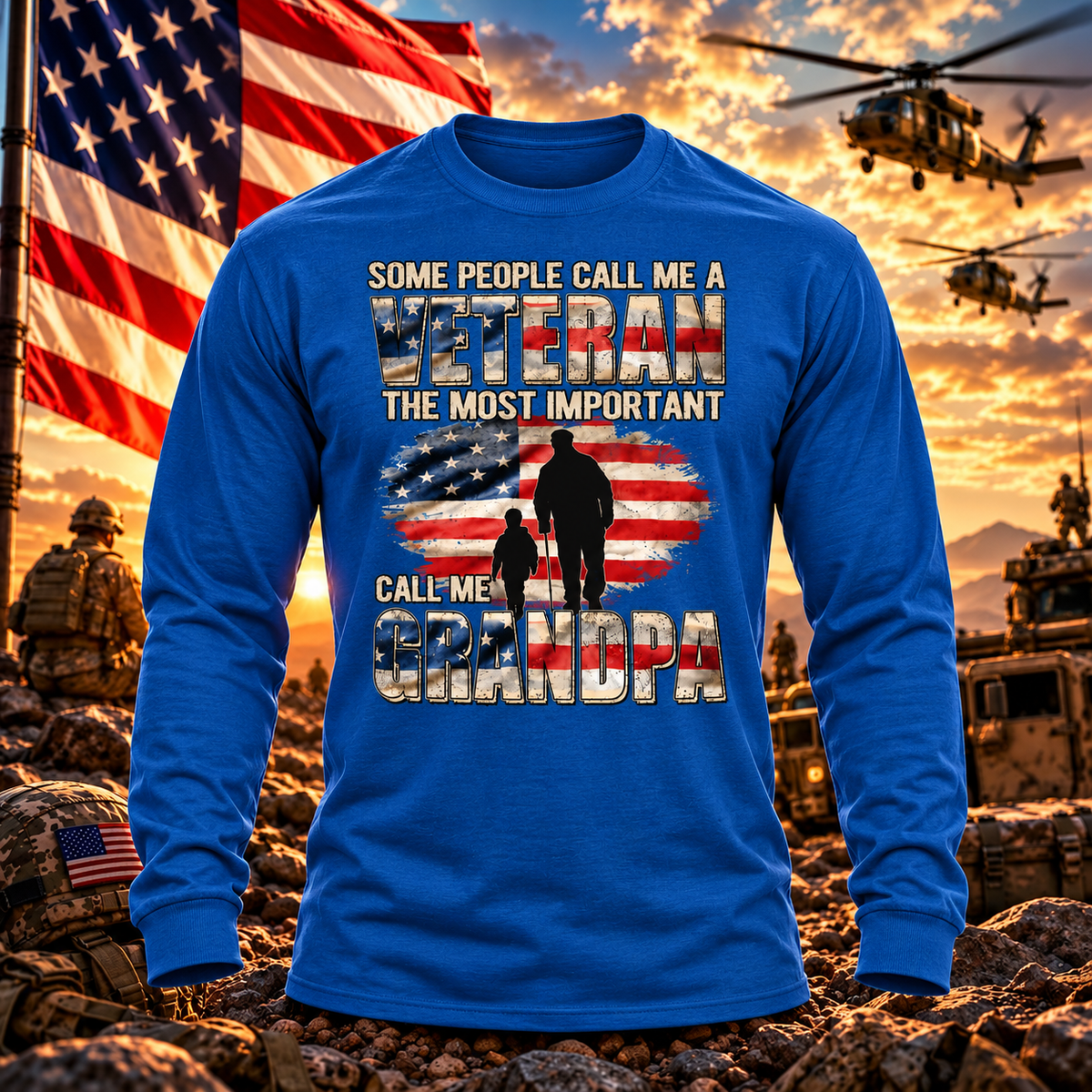 Grandpa Veteran Sapphire Blue Long Sleeve with themed background