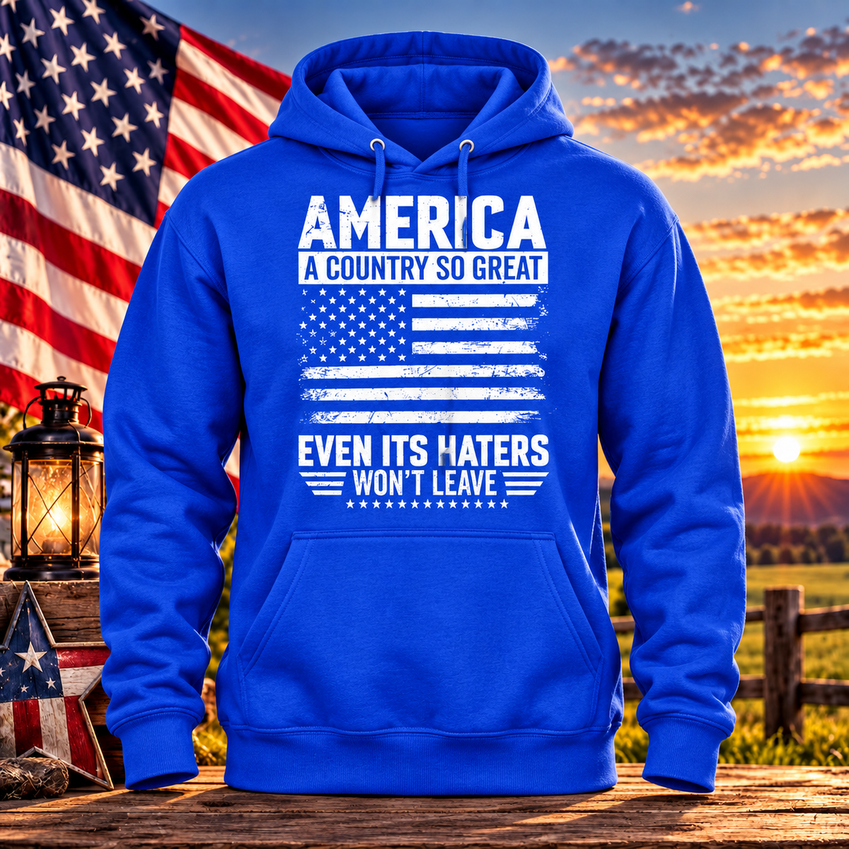 America — Even Its Haters Won’t Leave Royal Blue Hoodie with themed background