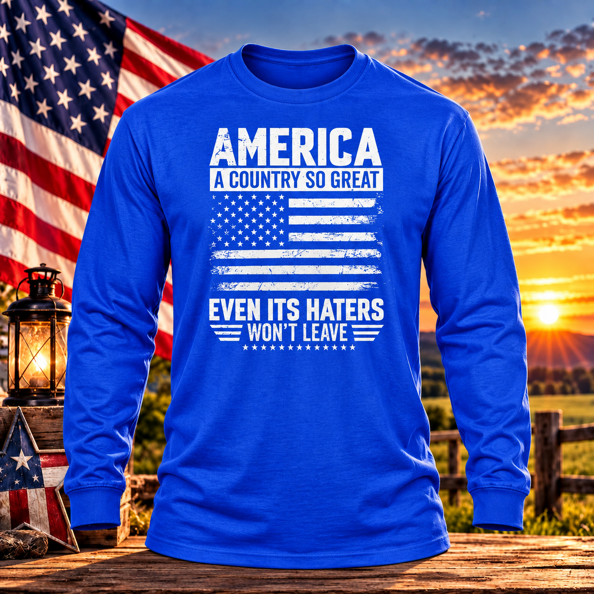 America — Even Its Haters Won’t Leave Royal Blue Long Sleeve with themed background