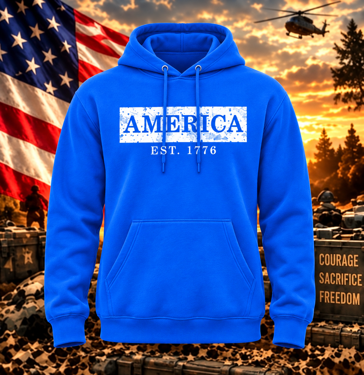 America Est. 1776 Royal Blue Hoodie with themed background
