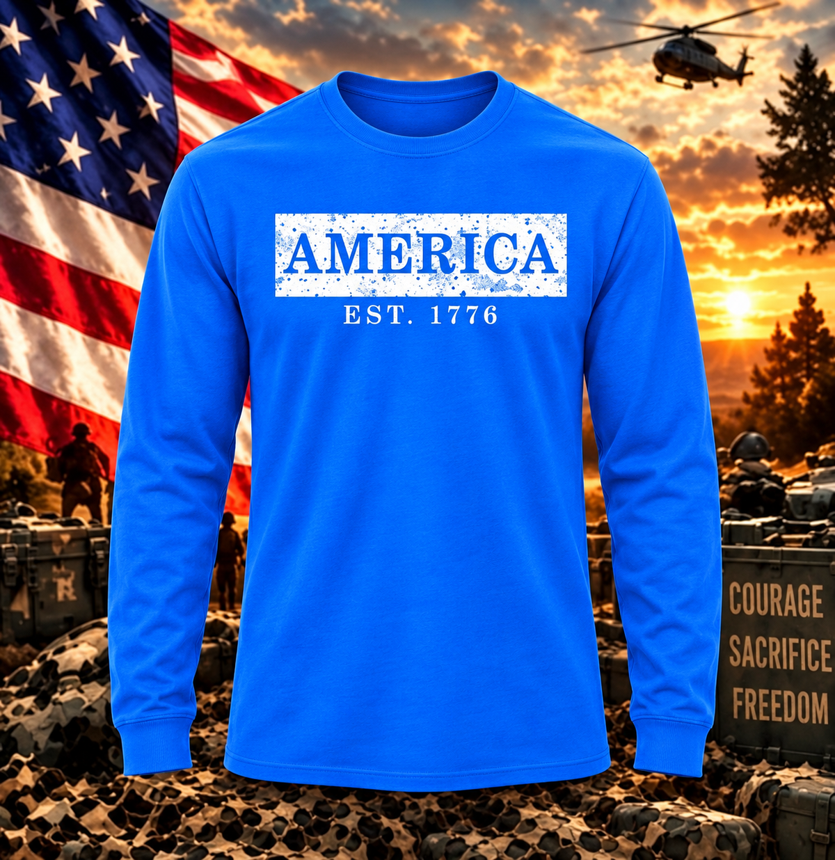 America Est. 1776 Royal Blue Long Sleeve with themed background