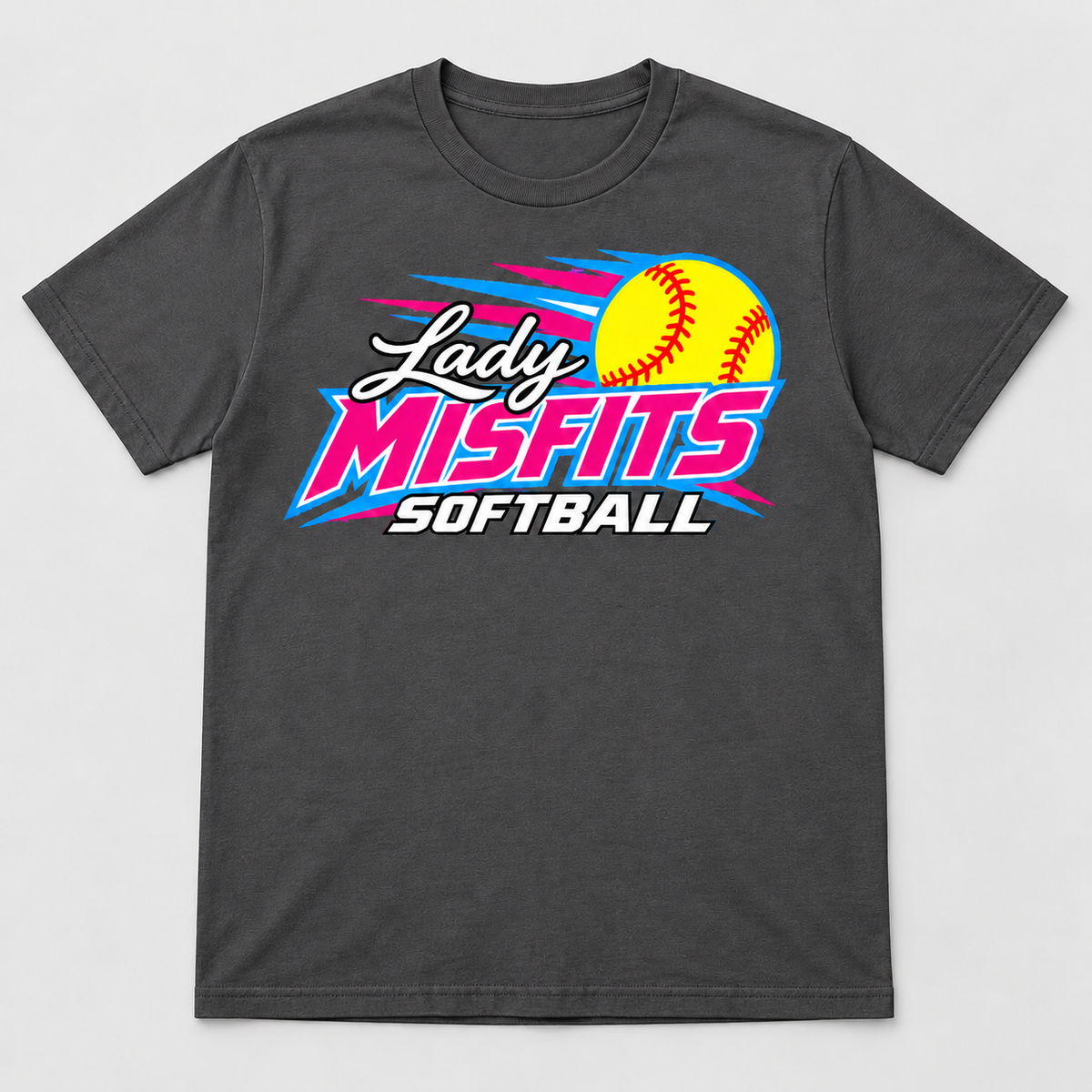 Lady Misfits 12U Bolt Script design on Gildan Softstyle T-Shirt in Charcoal