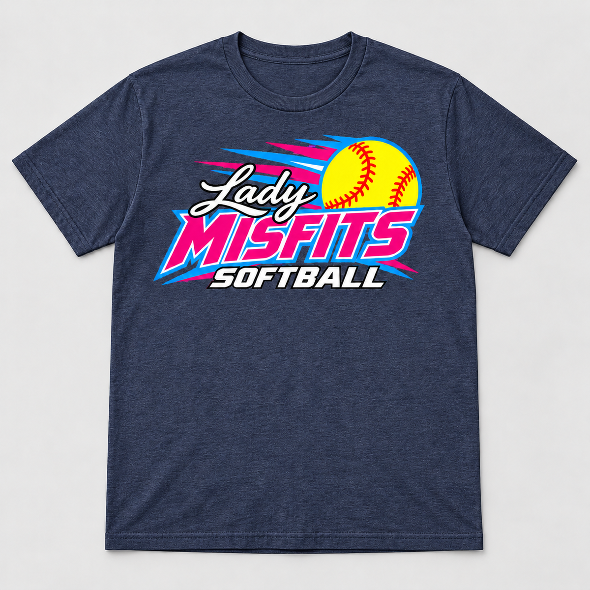 Lady Misfits 12U Bolt Script design on Gildan Softstyle T-Shirt in Heather Navy