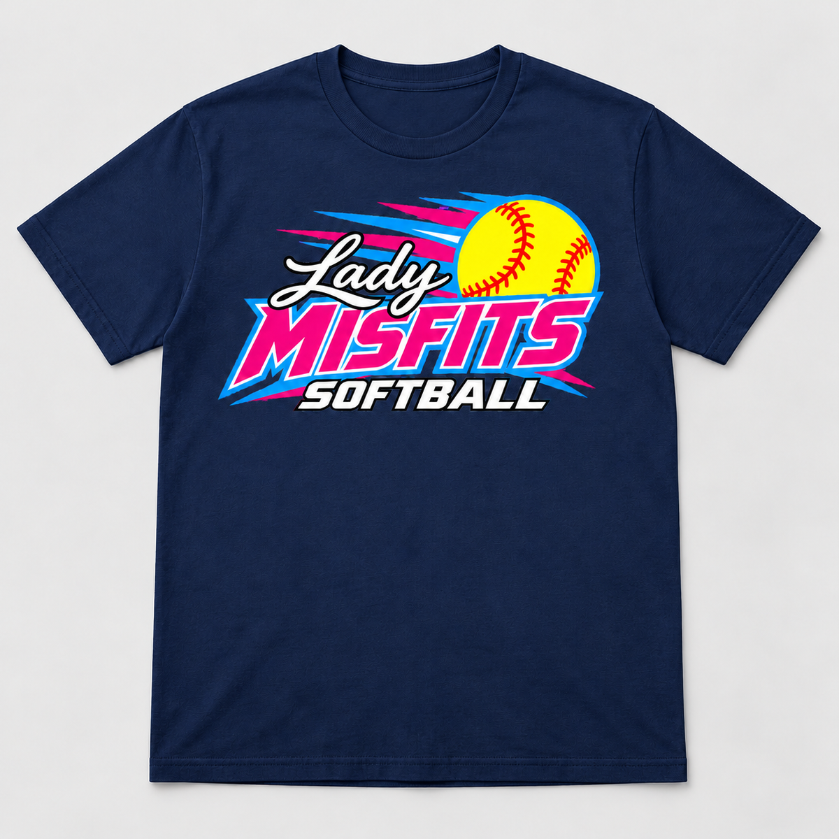Lady Misfits 12U Bolt Script design on Gildan Softstyle T-Shirt in Navy