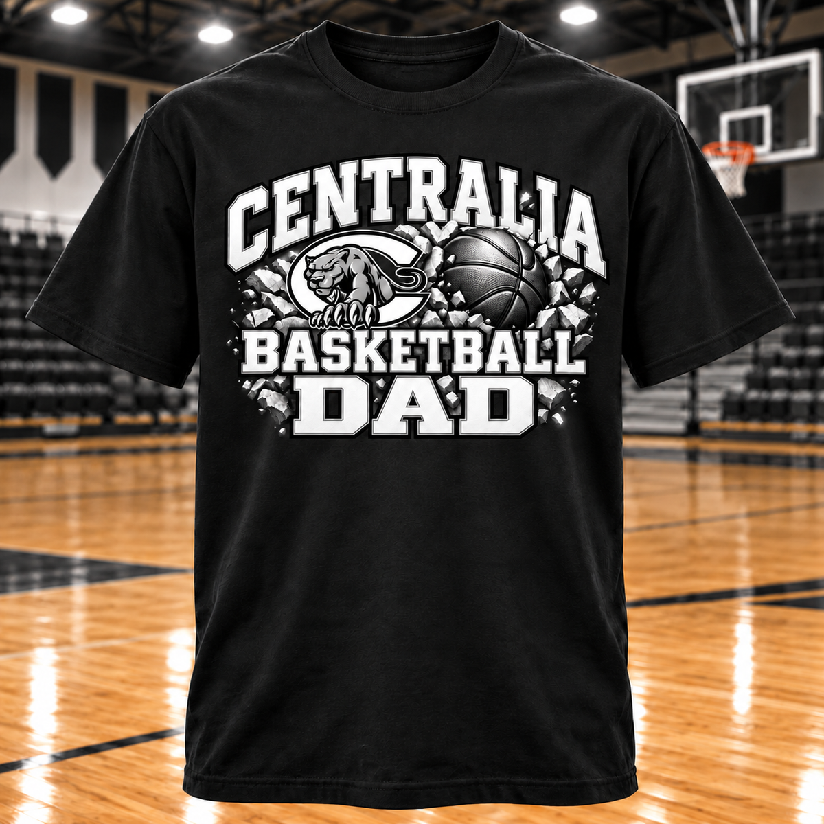 Centralia Panthers Basketball Dad T-Shirt with basketball gym background