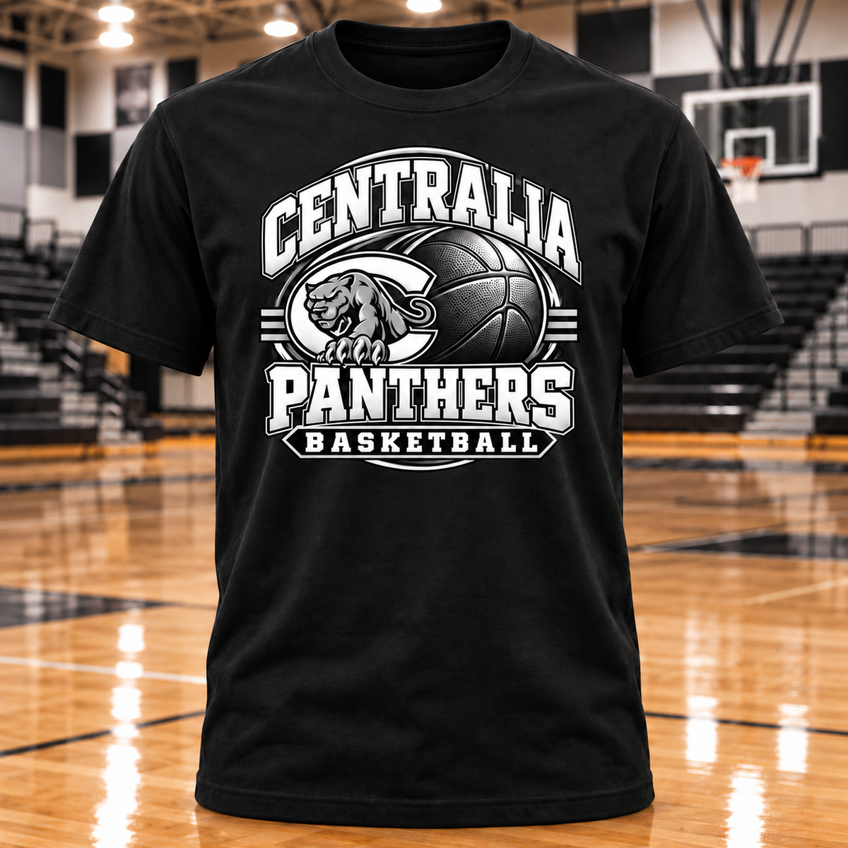 Centralia Panthers Basketball Fan T-Shirt with basketball gym background