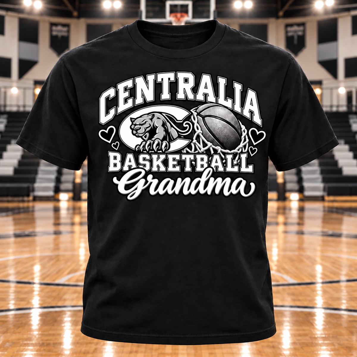Centralia Panthers Basketball Grandma T-Shirt with basketball gym background