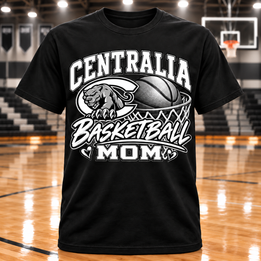 Centralia Panthers Basketball Mom T-Shirt with basketball gym background