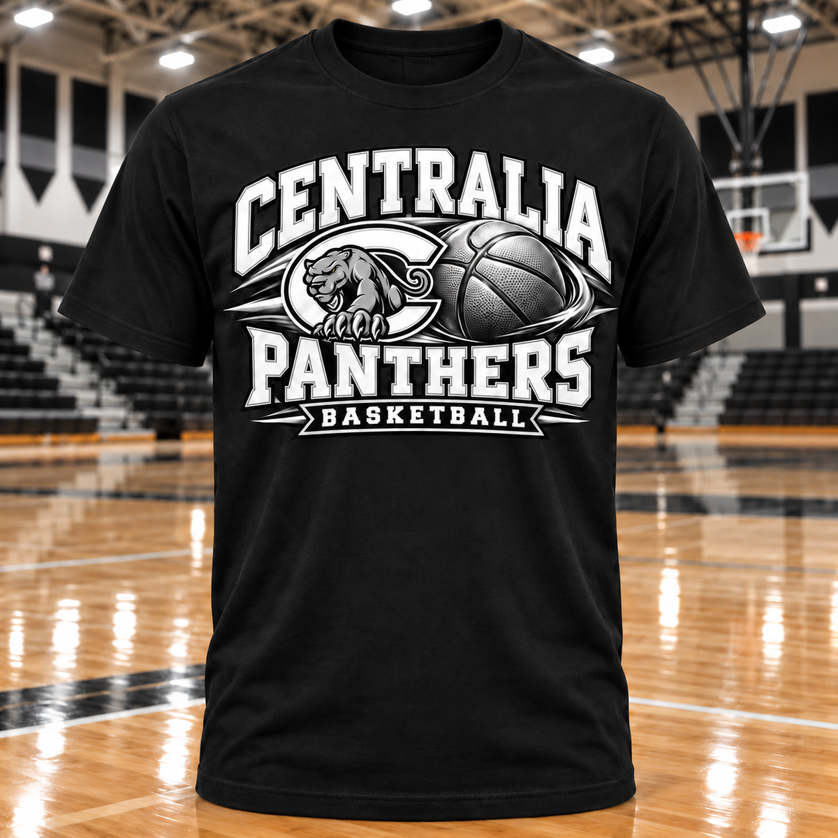 Centralia Panthers Basketball Athletic T-Shirt with basketball gym background