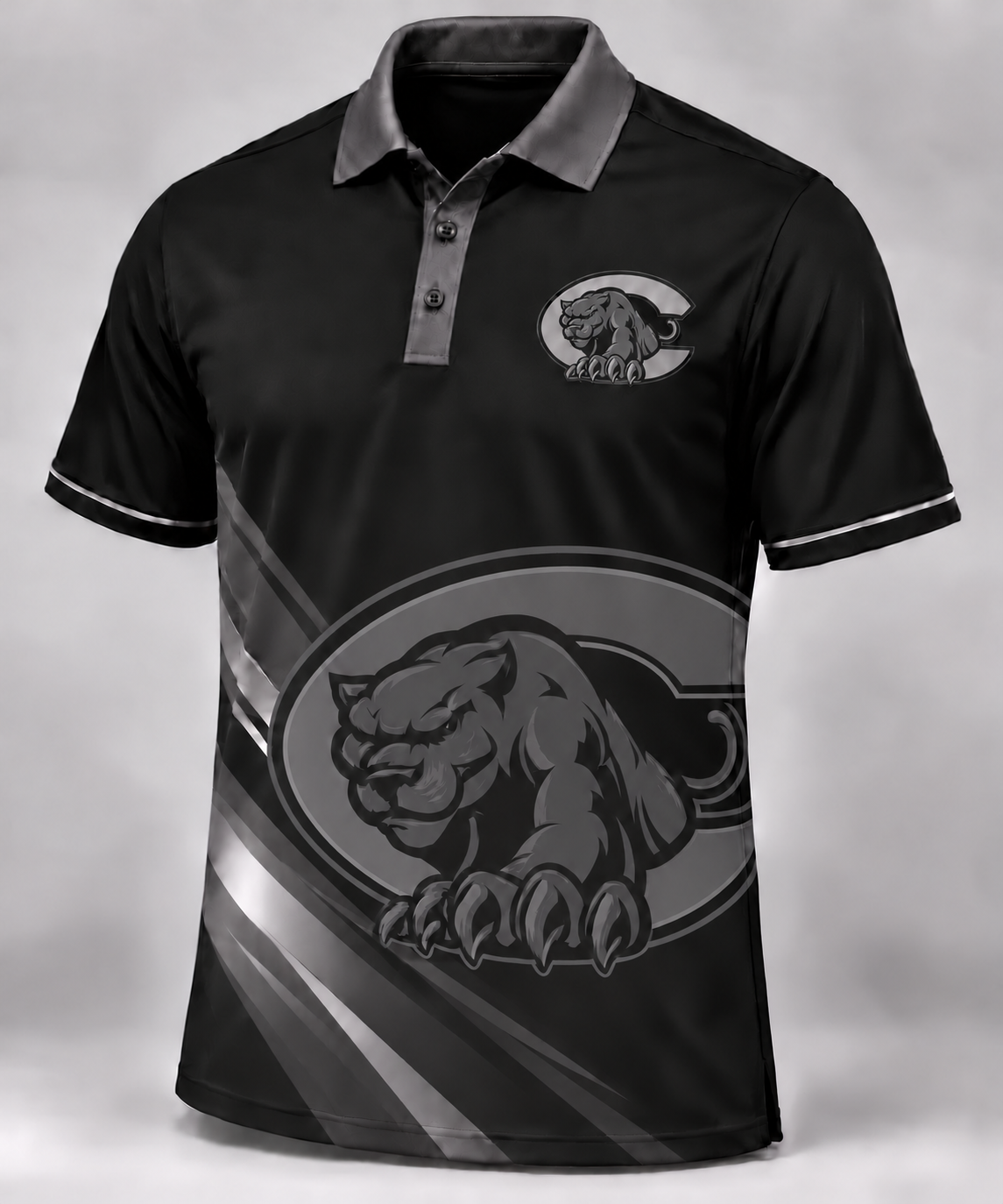 Centralia Panthers Black sublimated polo with left-chest logo and oversized tonal logo