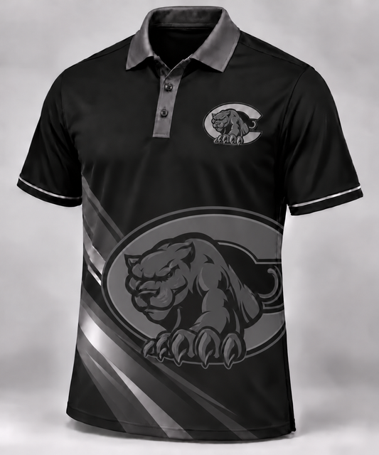 Centralia Panthers Black sublimated polo with left-chest logo and oversized tonal logo