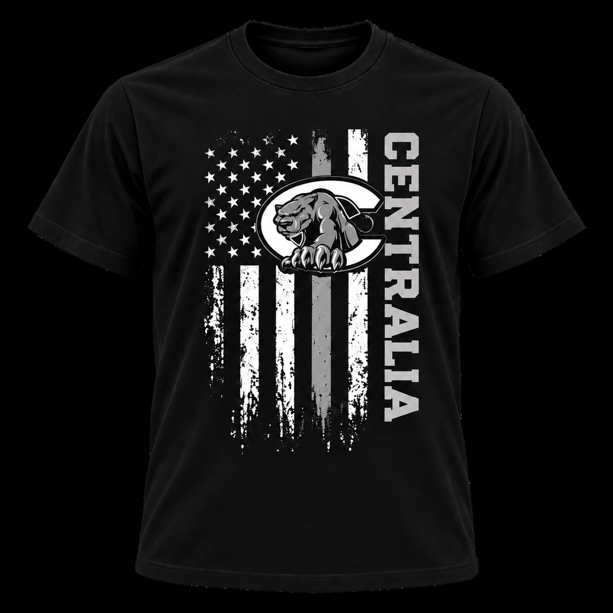 Centralia Panthers Distressed Flag — Black Cotton T-Shirt