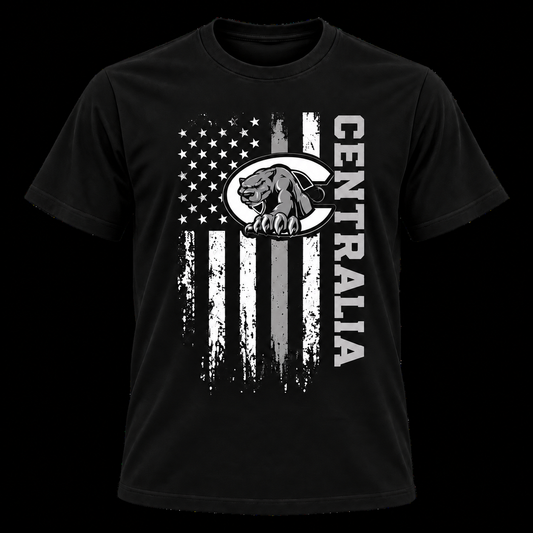 Centralia Panthers Distressed Flag — Black Cotton T-Shirt