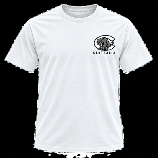 Centralia Panthers white T-shirt with complete panther tail on left-chest logo