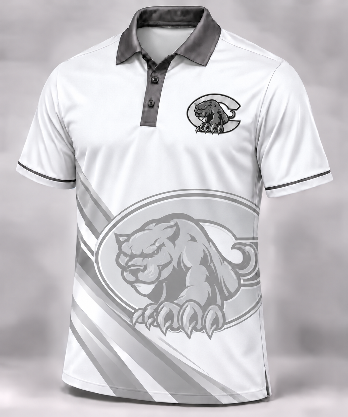 Centralia Panthers White sublimated polo with left-chest logo and oversized tonal logo