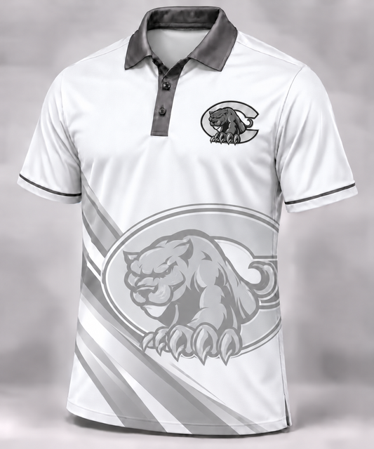 Centralia Panthers White sublimated polo with left-chest logo and oversized tonal logo