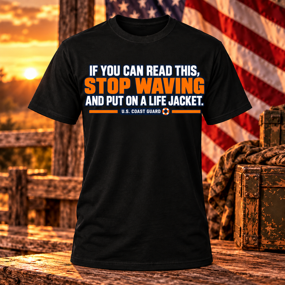 Black U.S. Coast Guard T-shirt reading stop waving and put on a life jacket