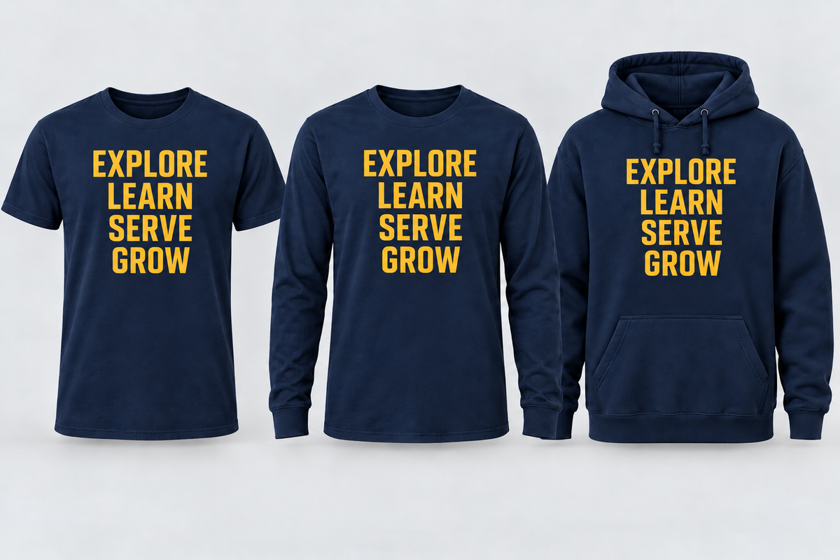 Explore Learn Serve Grow words-only navy apparel
