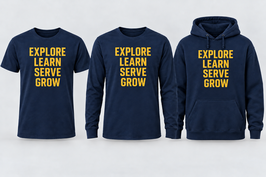 Explore Learn Serve Grow words-only navy apparel