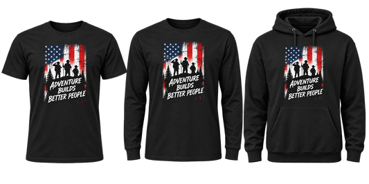 Adventure Builds Better People three apparel styles