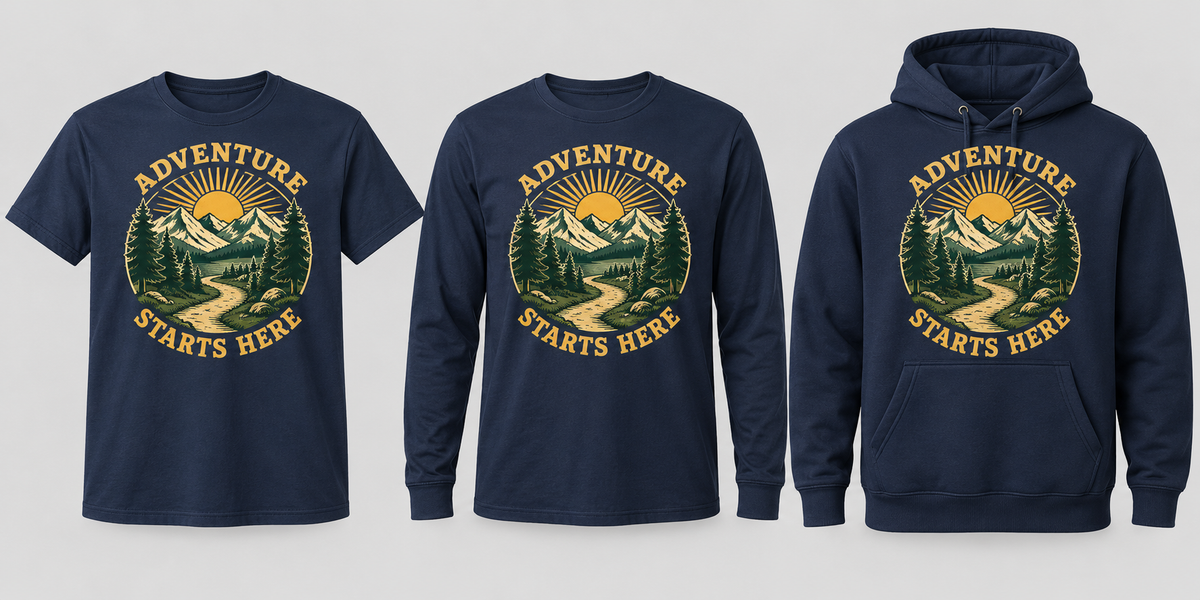 Adventure Starts Here navy T-shirt, long sleeve and hoodie