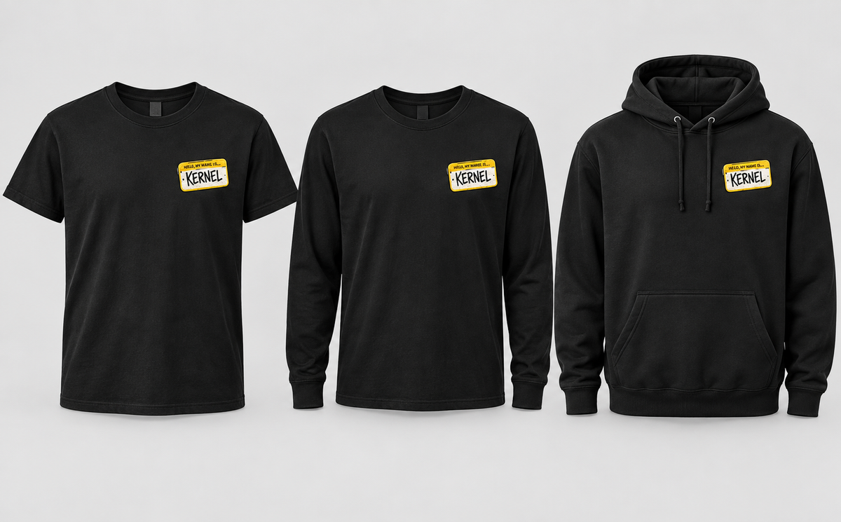 Kernel Name Tag on T-shirt, long sleeve and hoodie