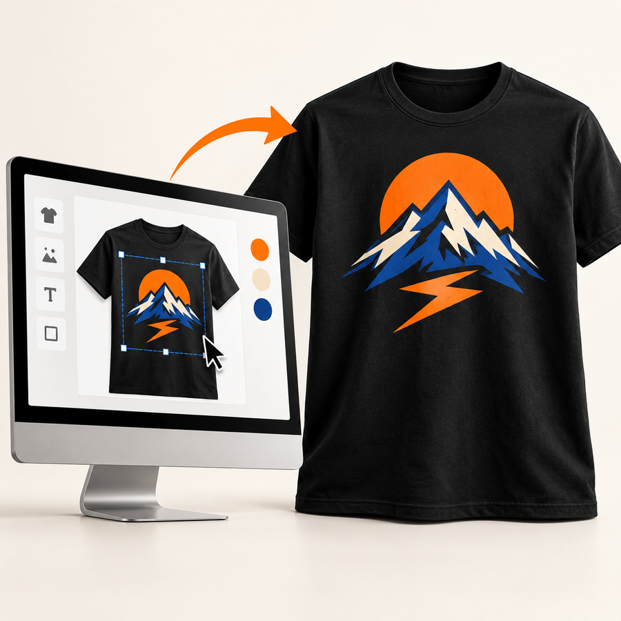 Create a custom T-shirt in Design Studio: artwork on a design screen becomes a printed black T-shirt.