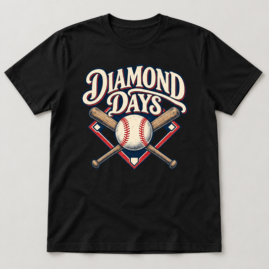 Diamond Days Baseball T-Shirt front mockup on a black shirt