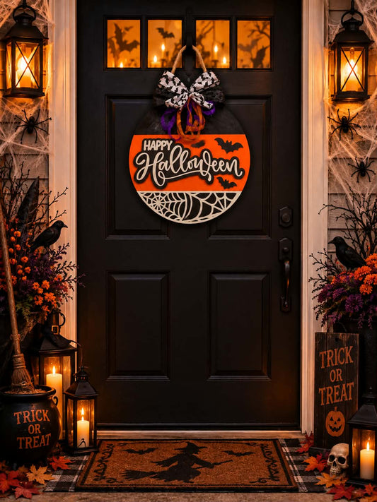 Happy Halloween Bats & Spiderweb 18-inch door hanger