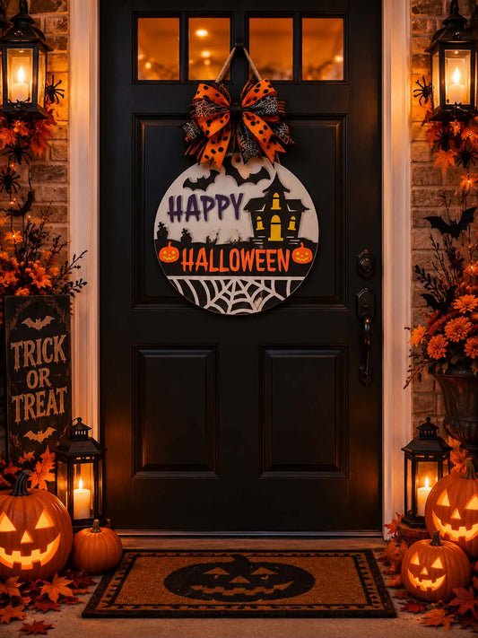 Happy Halloween Haunted House 18-inch door hanger