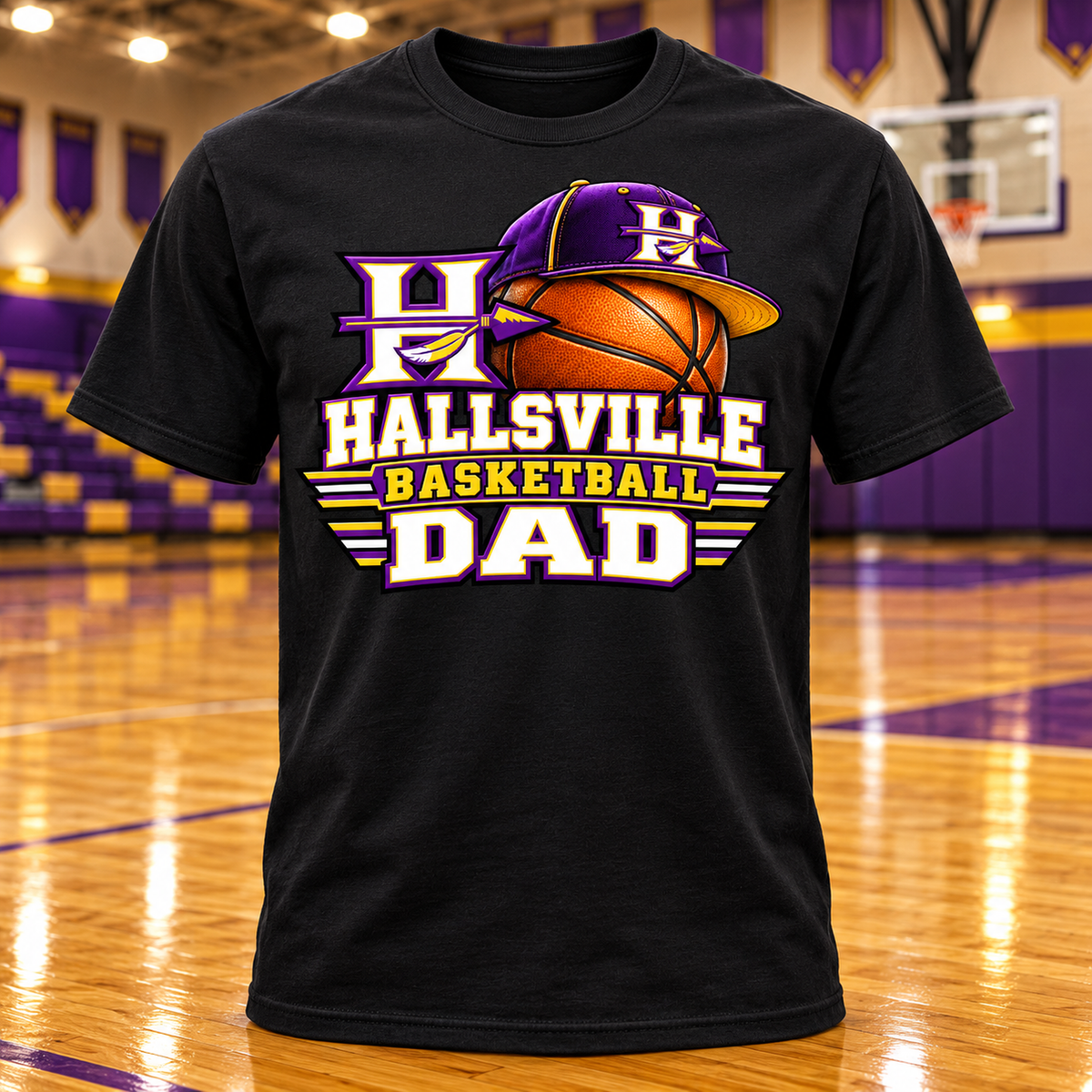 Hallsville Indians Basketball Dad T-Shirt with basketball gym background