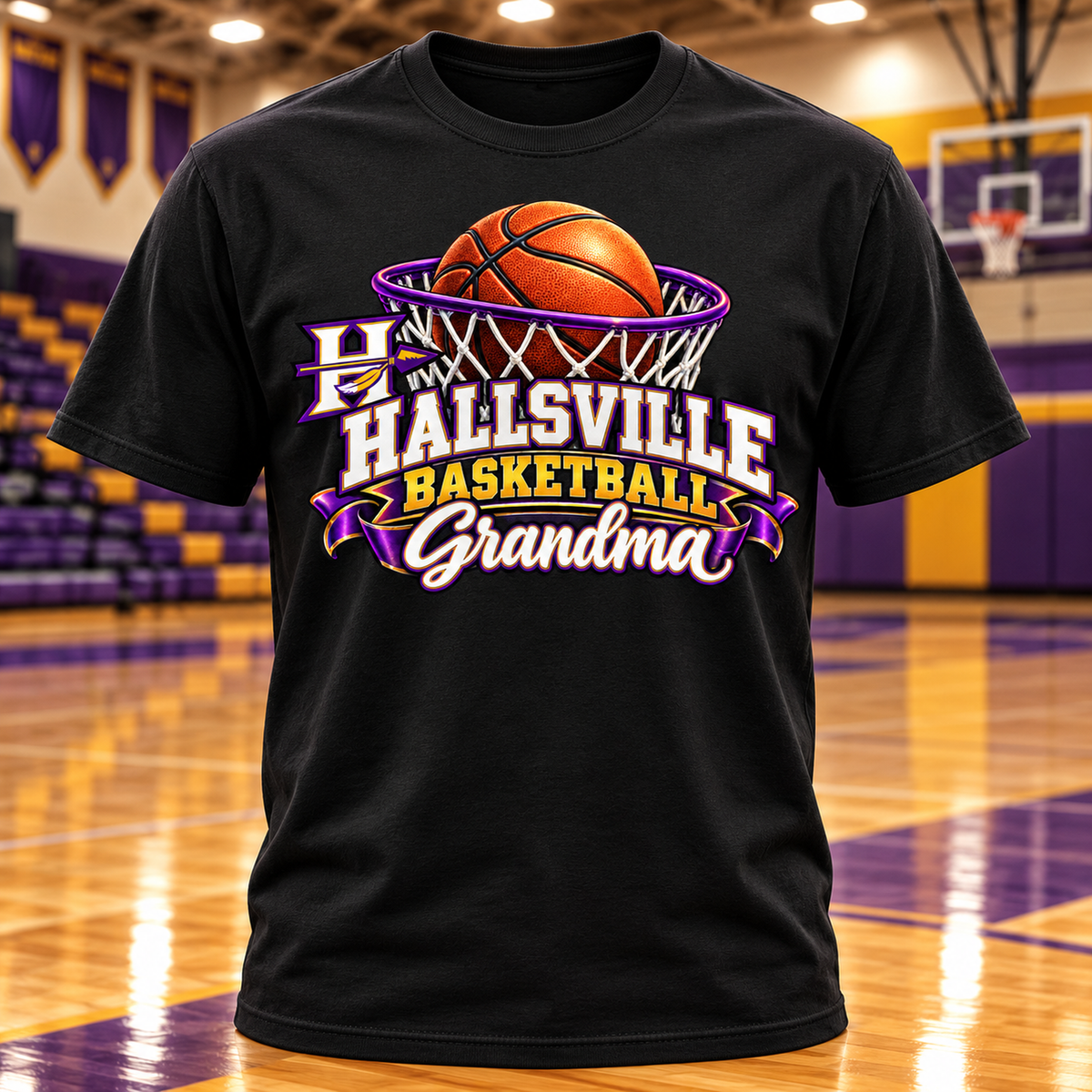 Hallsville Indians Basketball Grandma T-Shirt with basketball gym background