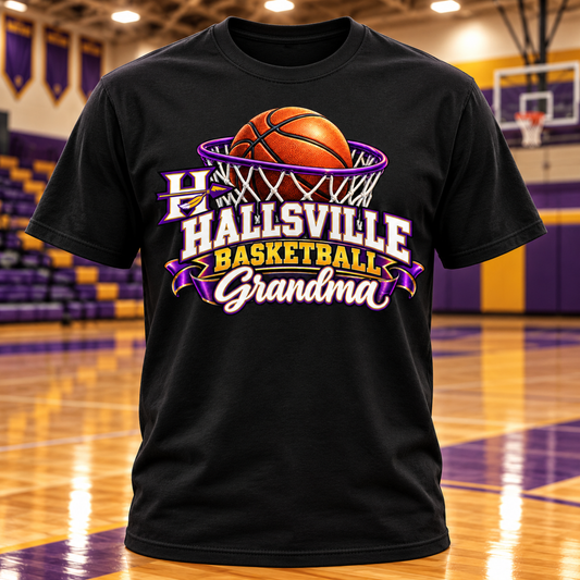 Hallsville Indians Basketball Grandma T-Shirt with basketball gym background