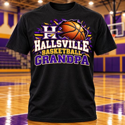 Hallsville Indians Basketball Grandpa T-Shirt with basketball gym background