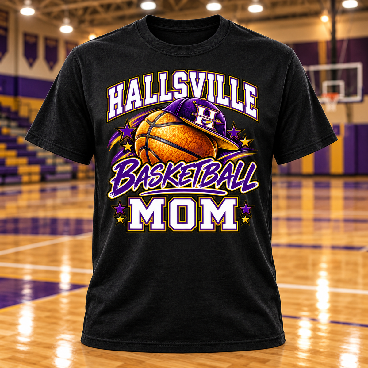 Hallsville Indians Basketball Mom T-Shirt with basketball gym background