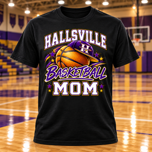 Hallsville Indians Basketball Mom T-Shirt with basketball gym background
