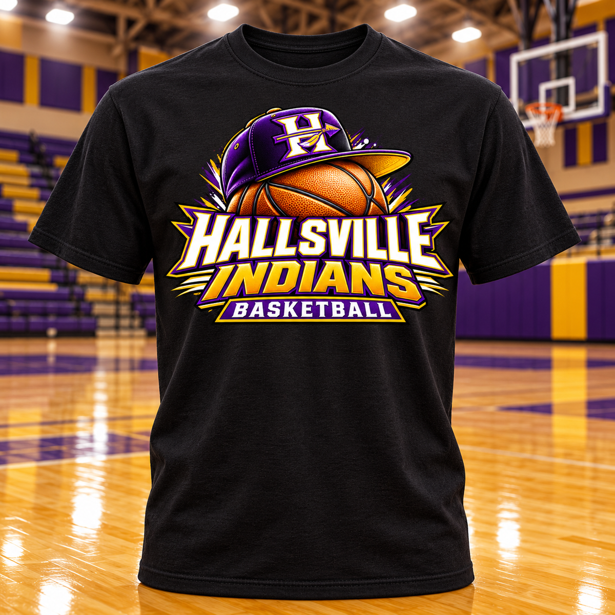 Hallsville Indians Basketball Athletic T-Shirt with basketball gym background