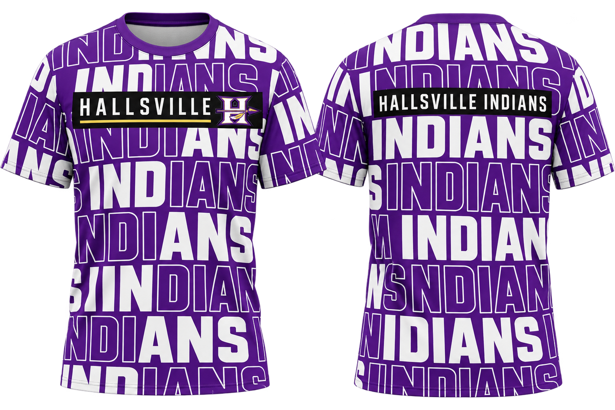 Hallsville Indians Repeating Typography All-Over-Print Shirt